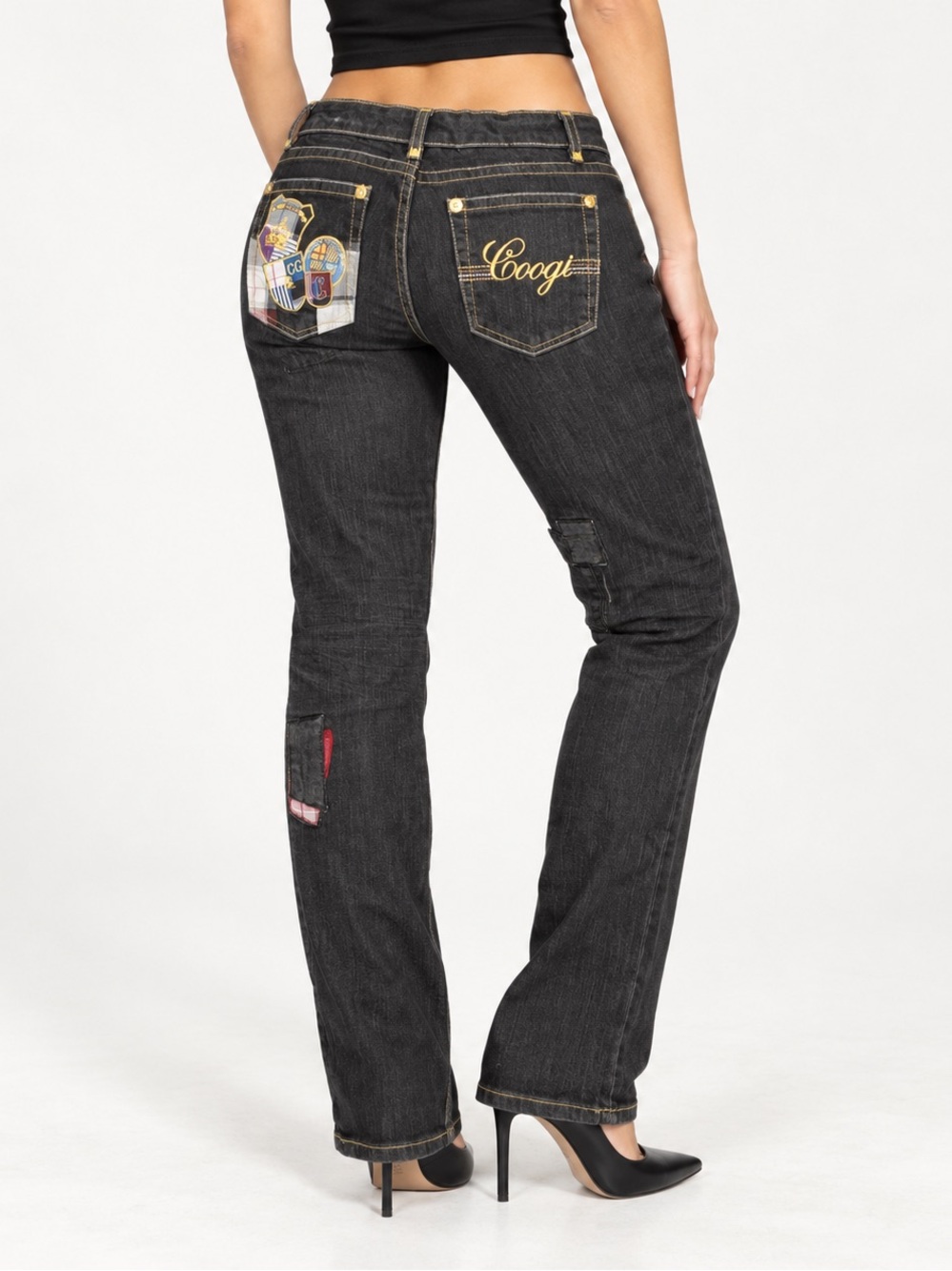 Y2K COOGI Low Rise Patchwork Jeans Black Gold Embroidered 11/12